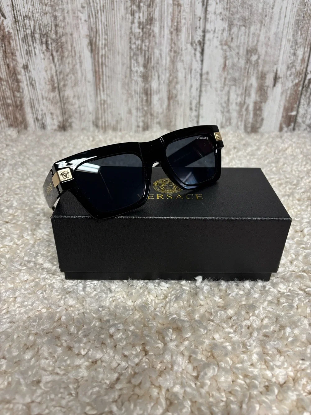 Versace Glossy Black Square Sunglasses with Gold Hardware
